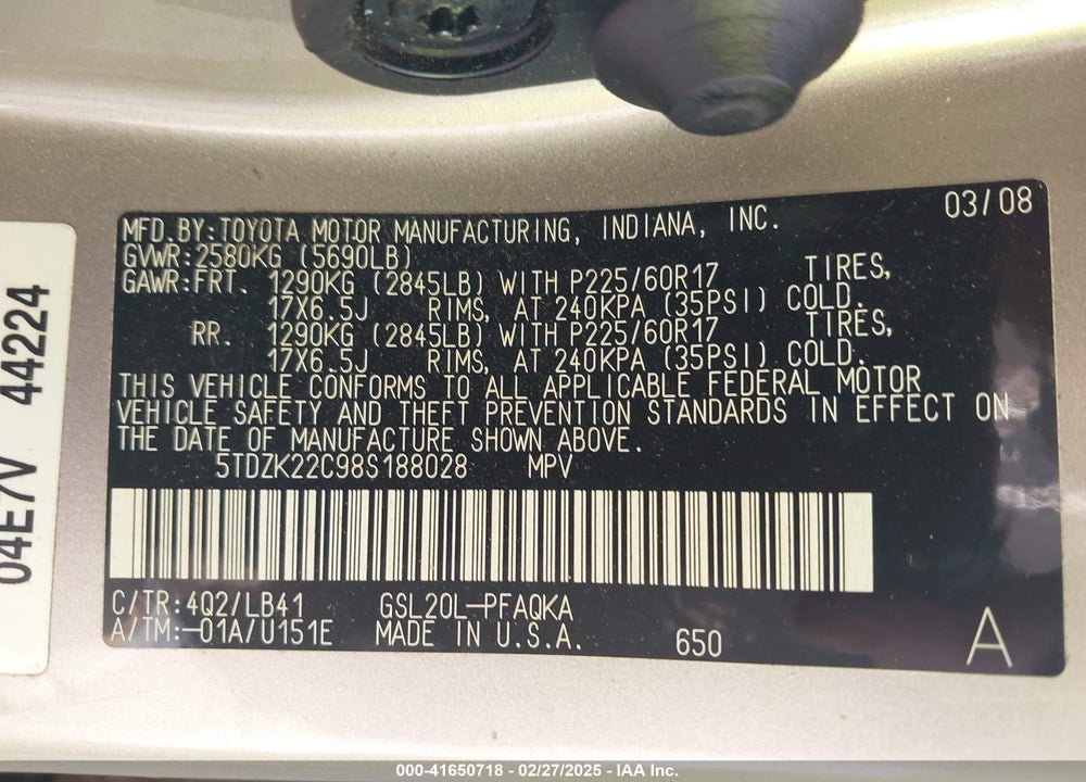 2008 TOYOTA SIENNA XLE VIN: 5TDZK22C98S188028