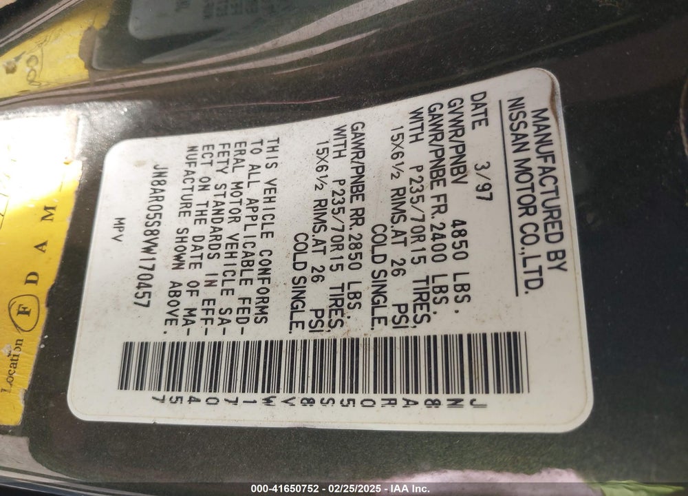 1997 NISSAN PATHFINDER LE/XE VIN: JN8AR05S8VW170457