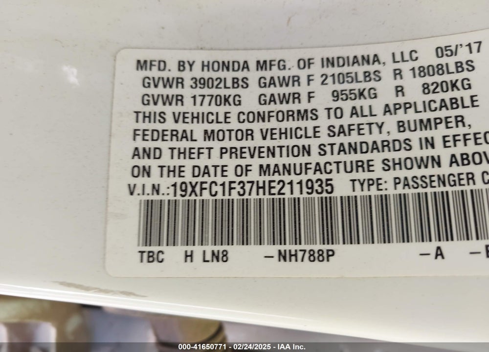 2017 HONDA CIVIC VIN: 19XFC1F37HE211935