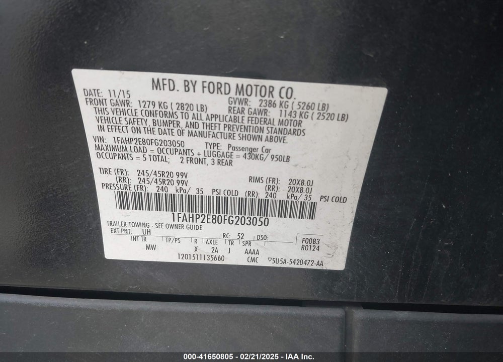2015 FORD TAURUS SEL VIN: 1FAHP2E80FG203050