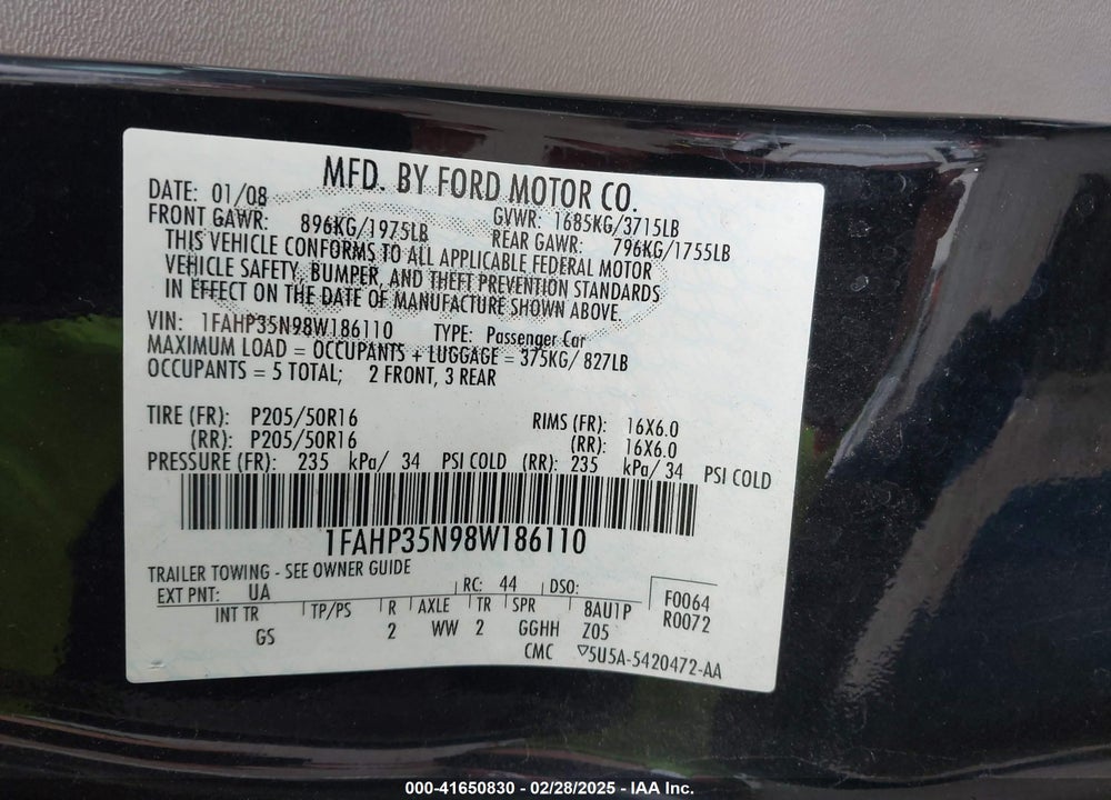 2008 FORD FOCUS SE/SES VIN: 1FAHP35N98W186110