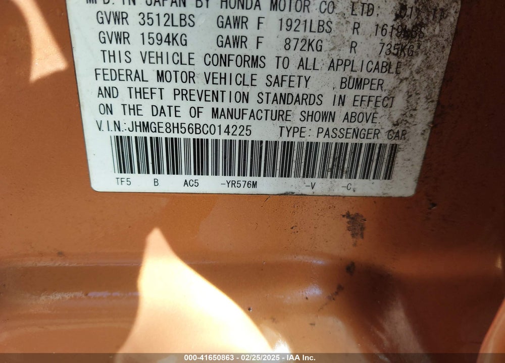 2011 HONDA FIT SPORT VIN: JHMGE8H56BC014225