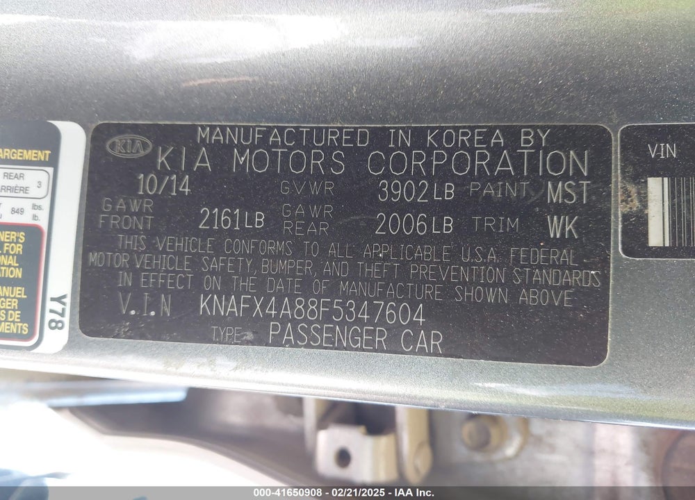 2015 KIA FORTE EX VIN: KNAFX4A88F5347604