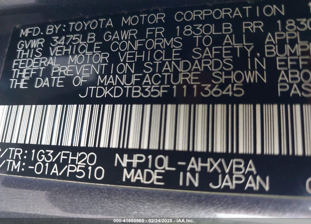 2015 TOYOTA PRIUS C ONE VIN: JTDKDTB35F1113645