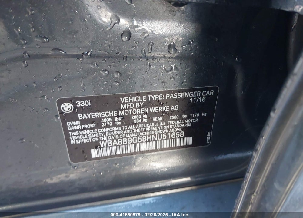 2017 BMW 330I VIN: WBA8B9G58HNU51658