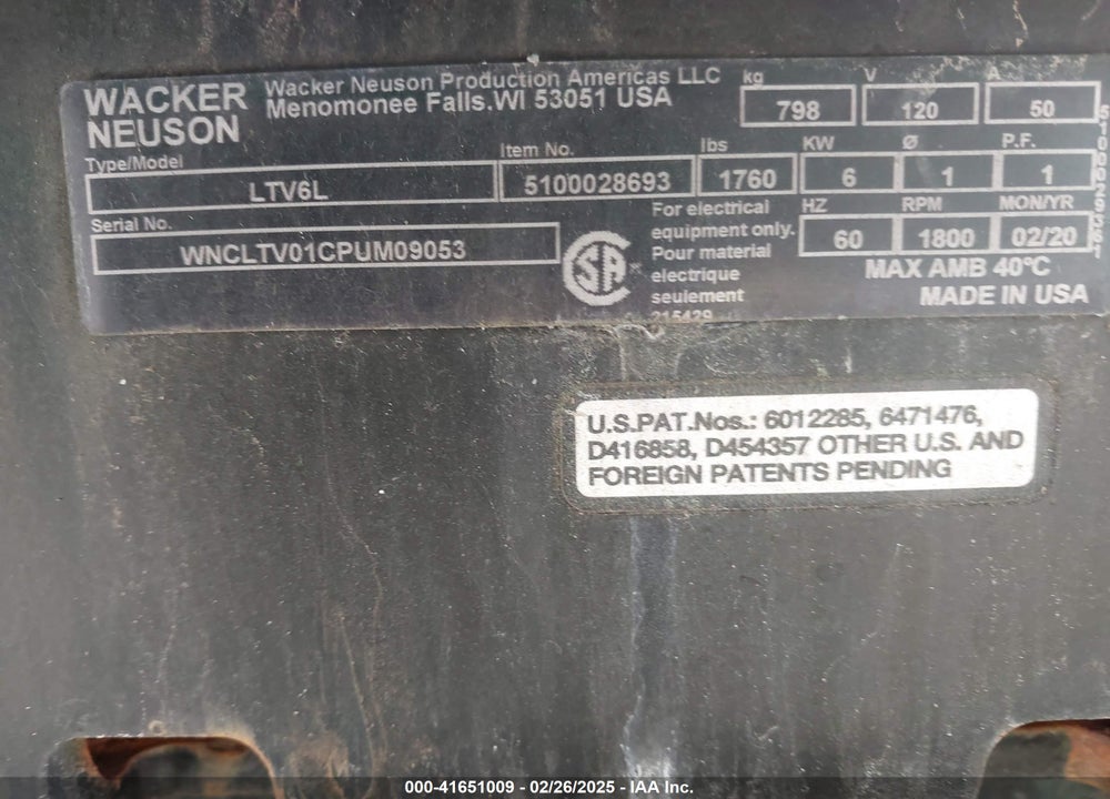 2020 WACKER LTV6L LIGHT TOWER VIN: WNCLTV01CPUM09053