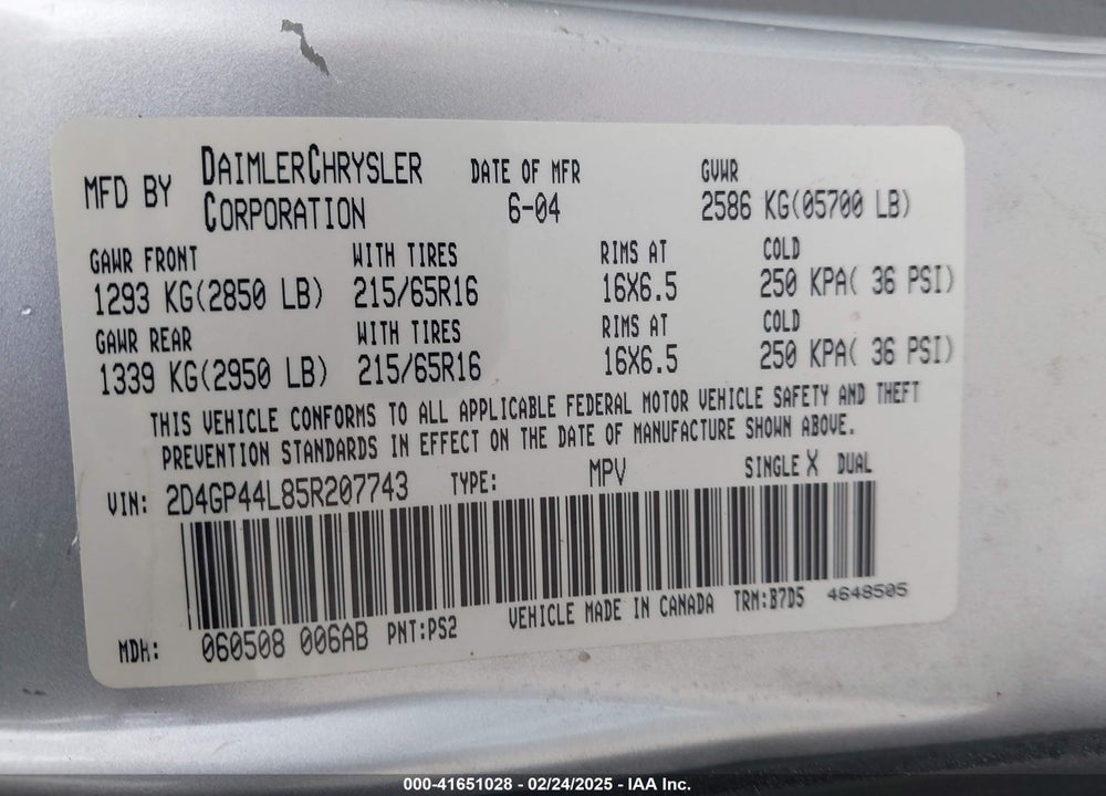 2005 DODGE GRAND CARAVAN SXT VIN: 2D4GP44L85R207743