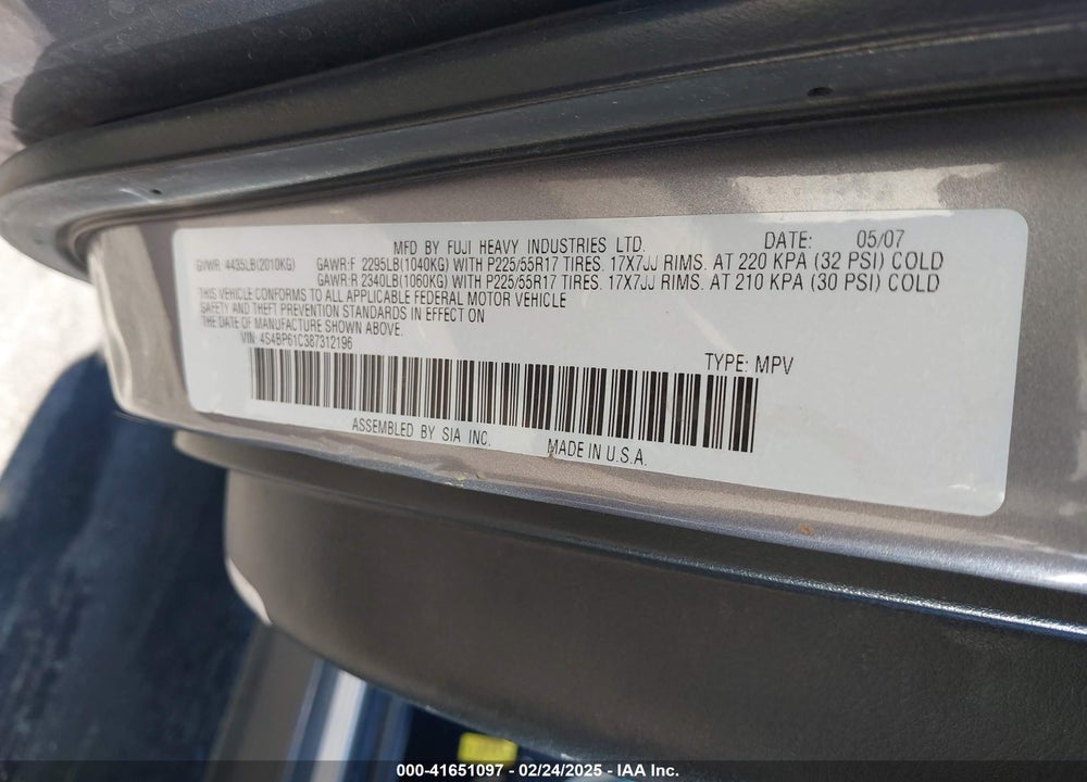 2008 SUBARU OUTBACK VIN: 4S4BP61C387312196