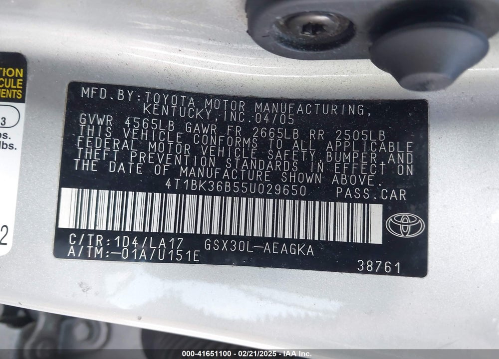 2005 TOYOTA AVALON VIN: 4T1BK36B55U029650