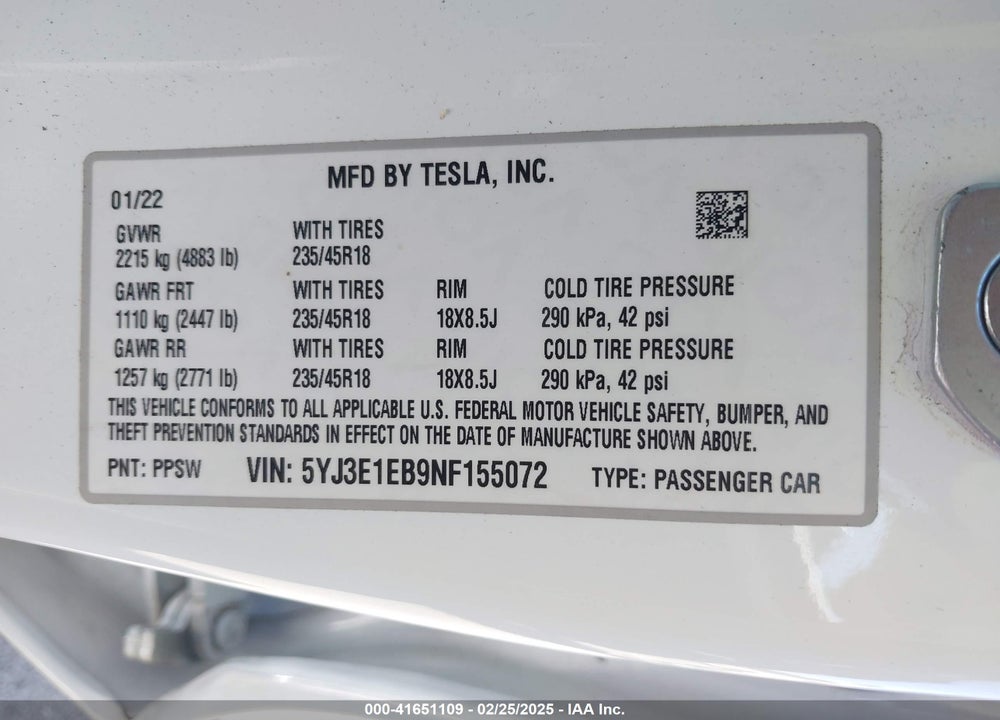 2022 TESLA MODEL 3 VIN: 5YJ3E1EB9NF155072