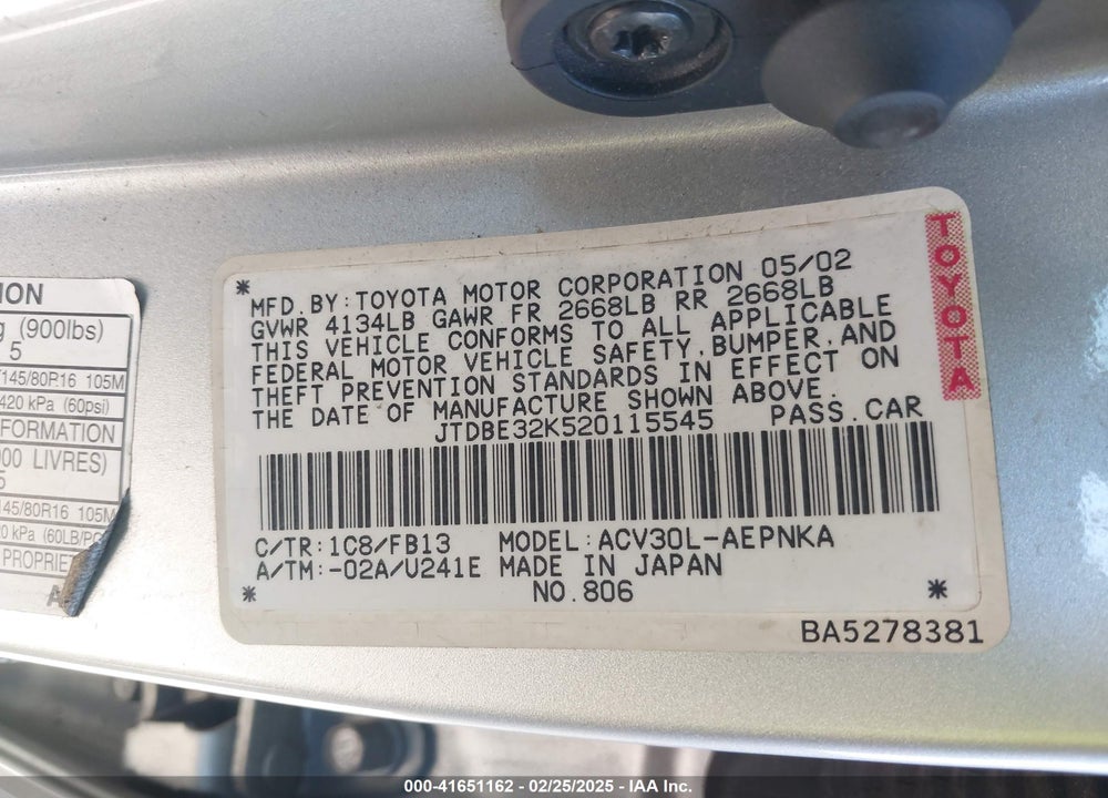2002 TOYOTA CAMRY LE VIN: JTDBE32K520115545