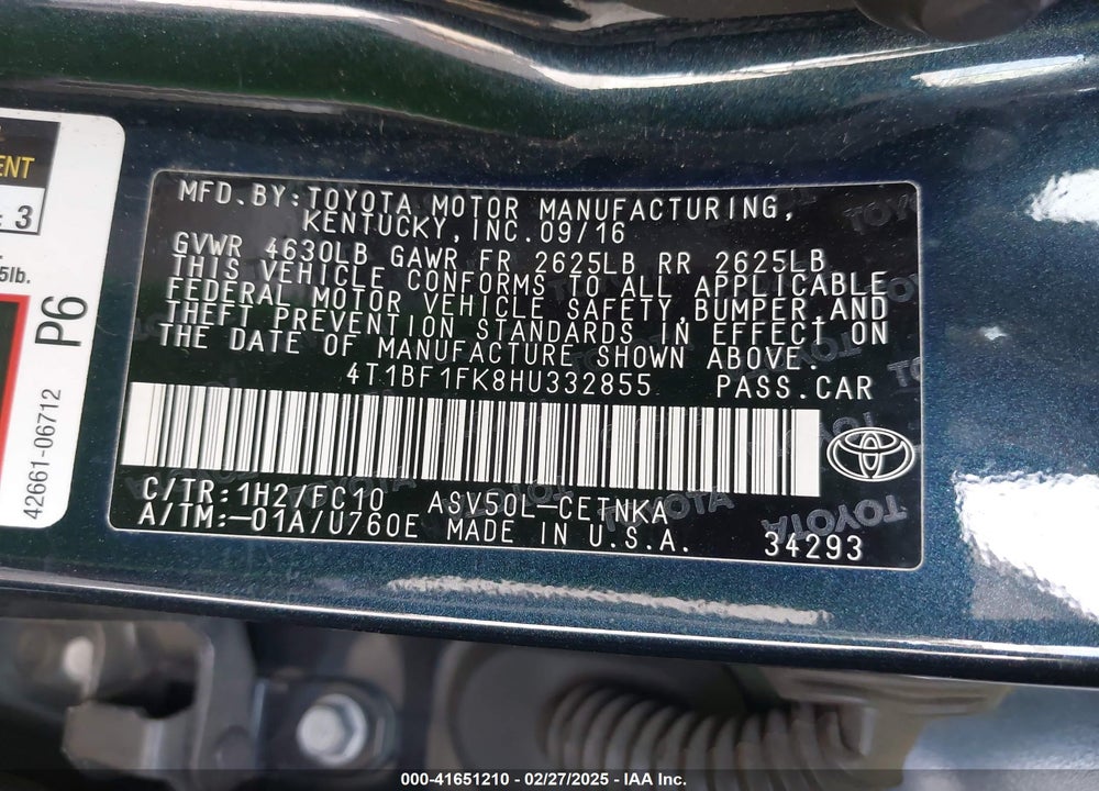 2017 TOYOTA CAMRY VIN: 4T1BF1FK8HU332855