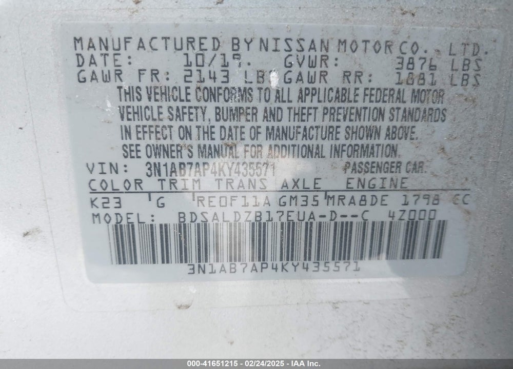 2019 NISSAN SENTRA VIN: 3N1AB7AP4KY435571