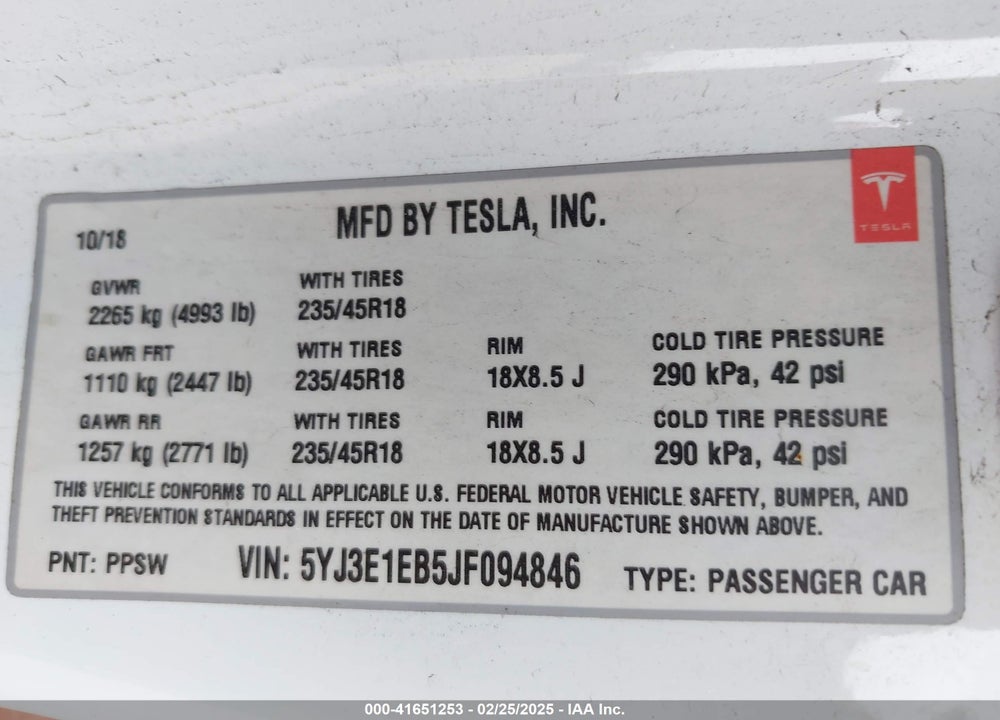 2018 TESLA MODEL 3 LONG RANGE/PERFORMANCE VIN: 5YJ3E1EB5JF094846
