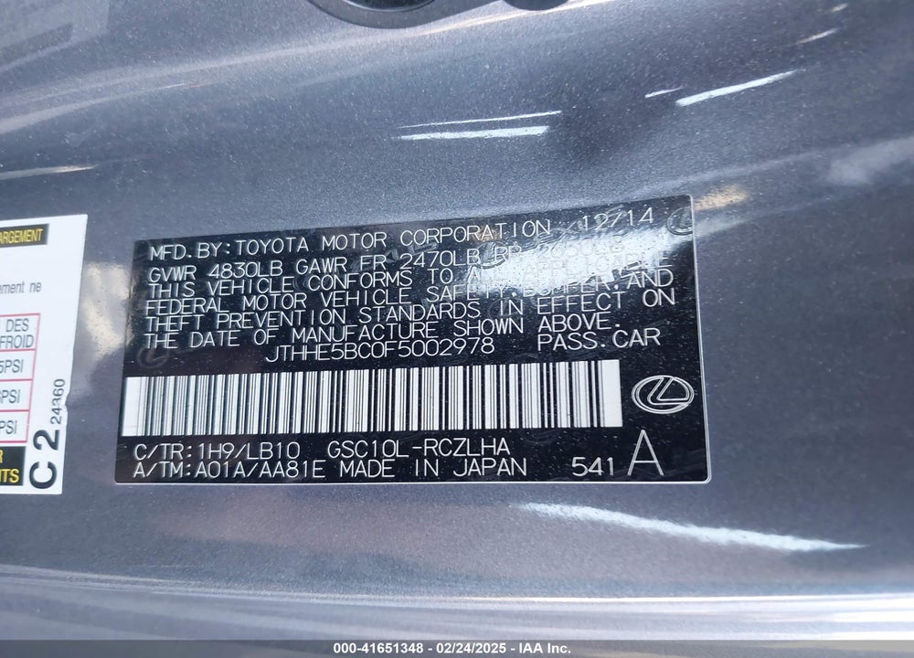 2015 LEXUS RC VIN: JTHHE5BC0F5002978