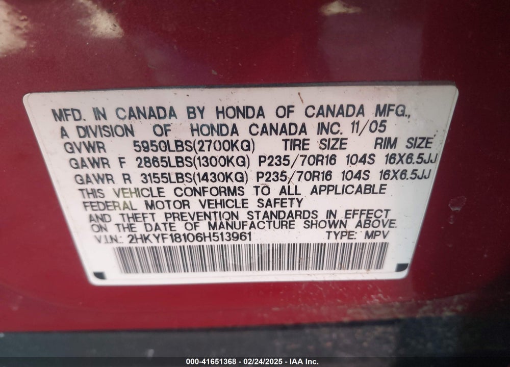 2006 HONDA PILOT VIN: 2HKYF18106H513961