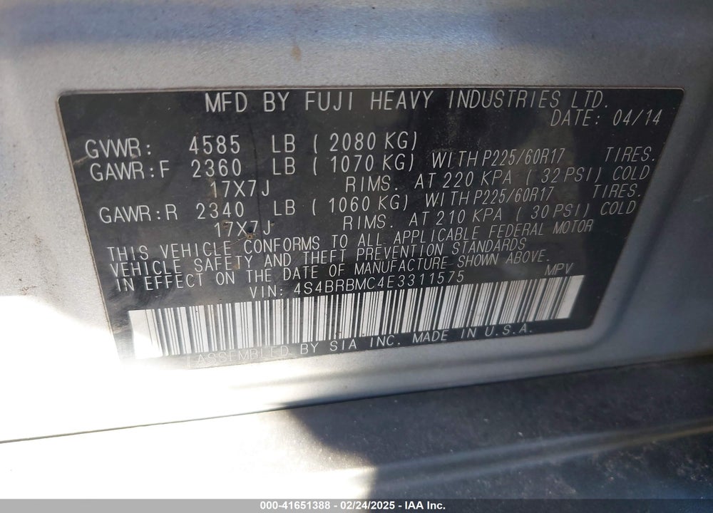 2014 SUBARU OUTBACK 2.5I LIMITED VIN: 4S4BRBMC4E3311575