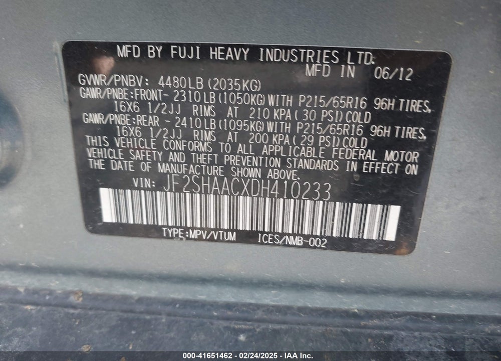 2013 SUBARU FORESTER VIN: JF2SHAACXDH410233