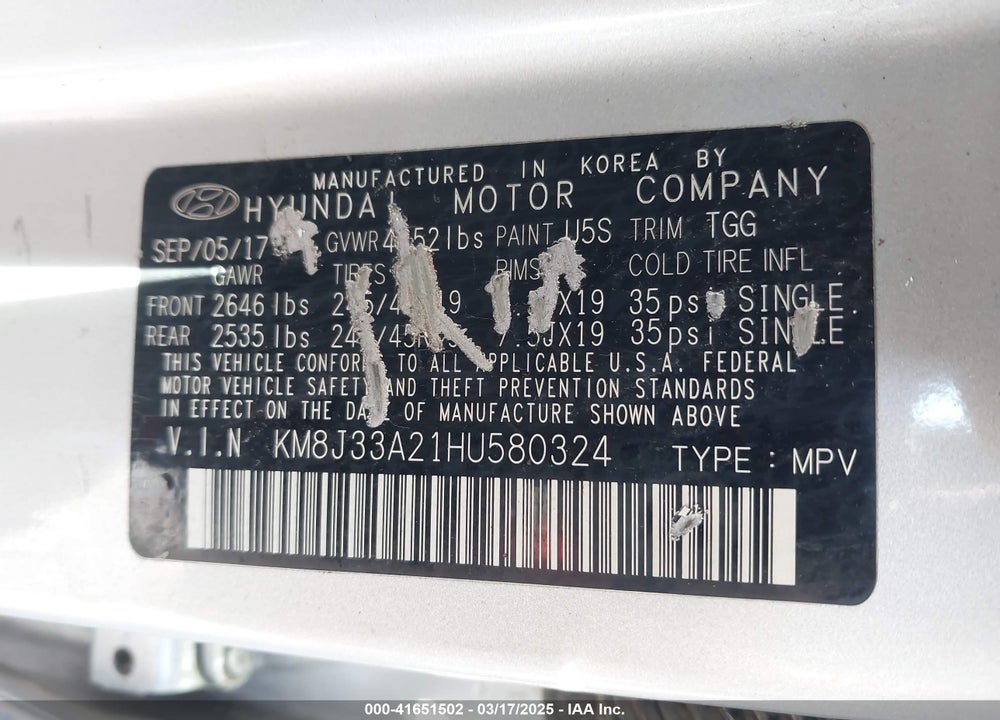 2017 HYUNDAI TUCSON VALUE VIN: KM8J33A21HU580324