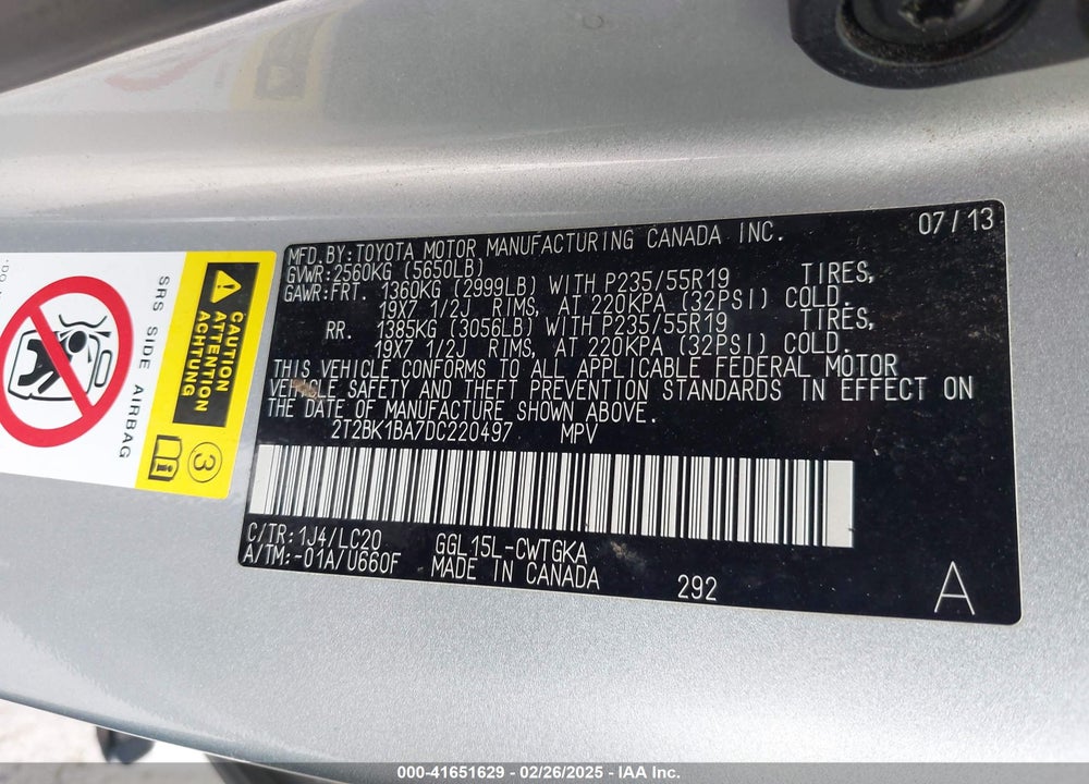 2013 LEXUS RX 350 VIN: 2T2BK1BA7DC220497