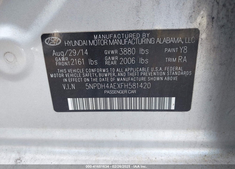 2015 HYUNDAI ELANTRA VIN: 5NPDH4AEXFH581420