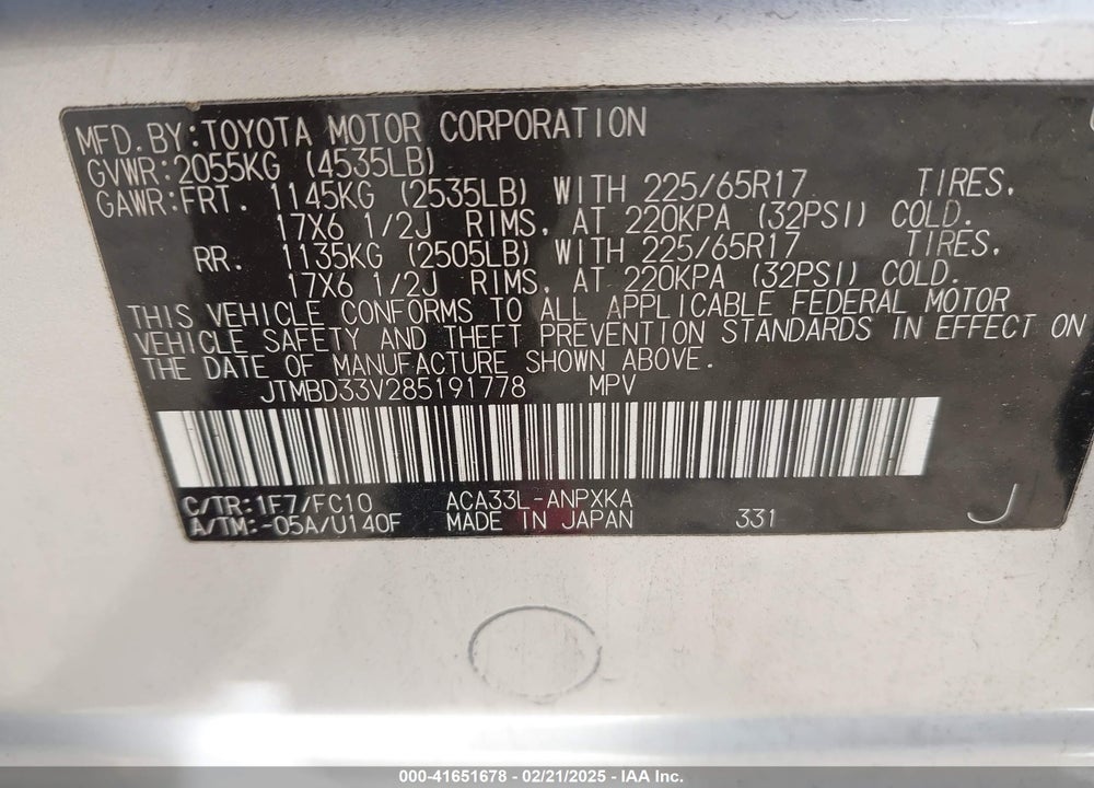 2008 TOYOTA RAV4 VIN: JTMBD33V285191778