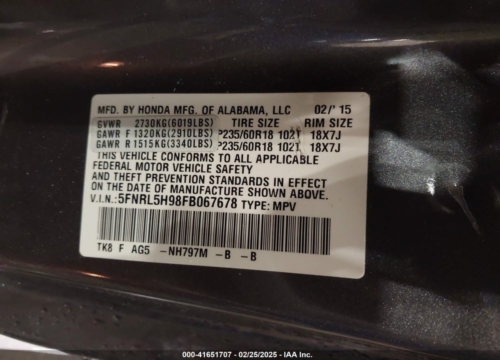 2015 HONDA ODYSSEY TOURING/TOURING ELITE VIN: 5FNRL5H98FB067678