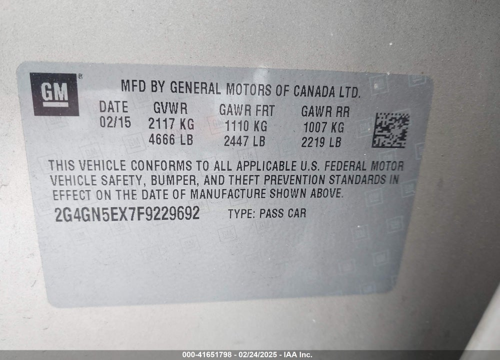 2015 BUICK REGAL VIN: 2G4GN5EX7F9229692