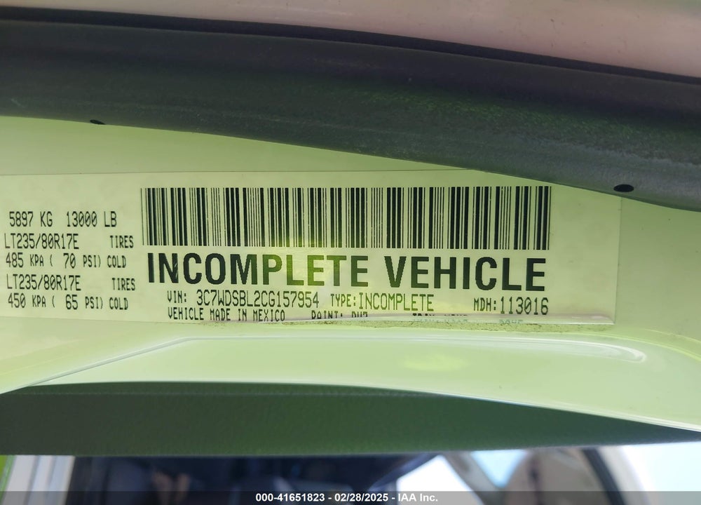 2012 RAM 3500 CHASSIS ST/SLT VIN: 3C7WDSBL2CG157954