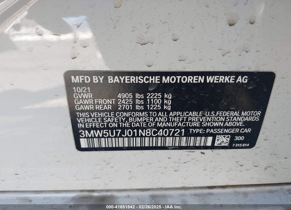 2022 BMW 3 SERIES VIN: 3MW5U7J01N8C40721