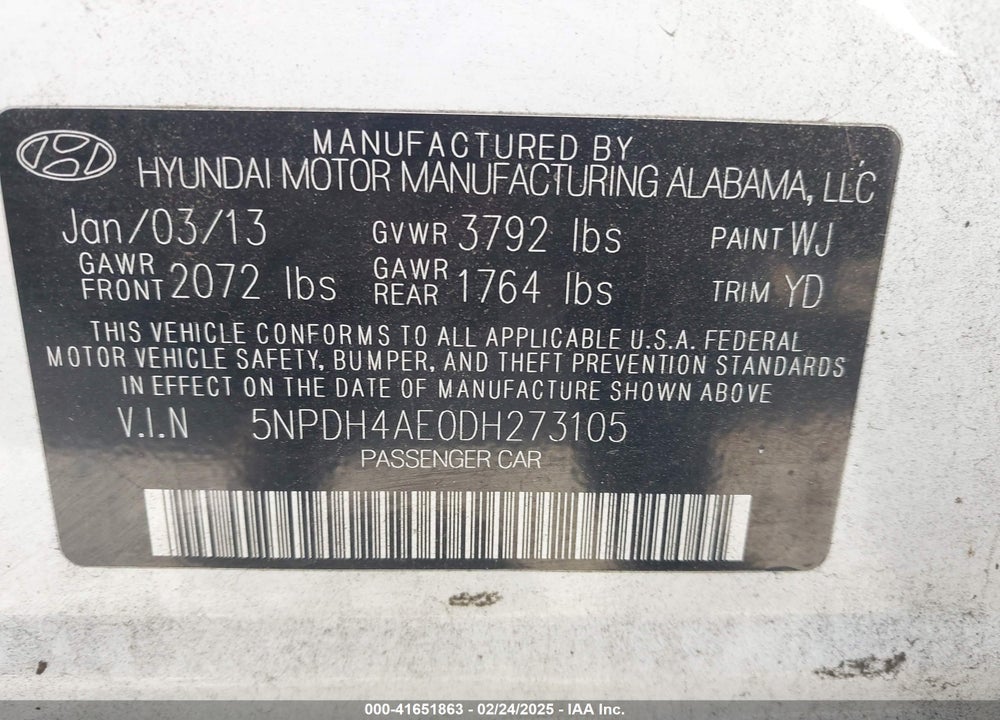 2013 HYUNDAI ELANTRA VIN: 5NPDH4AE0DH273105