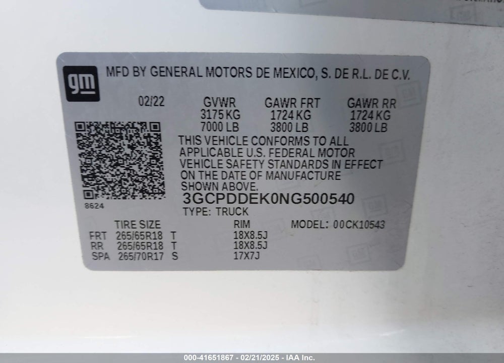 2022 CHEVROLET SILVERADO 1500 VIN: 3GCPDDEK0NG500540
