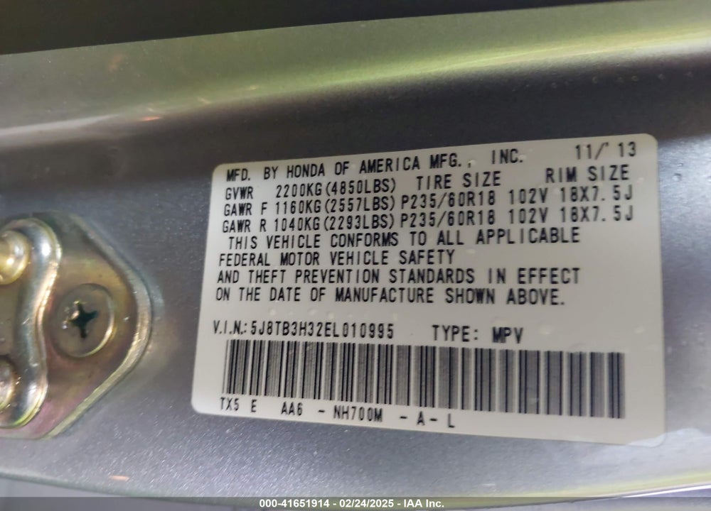 2014 ACURA RDX VIN: 5J8TB3H32EL010995
