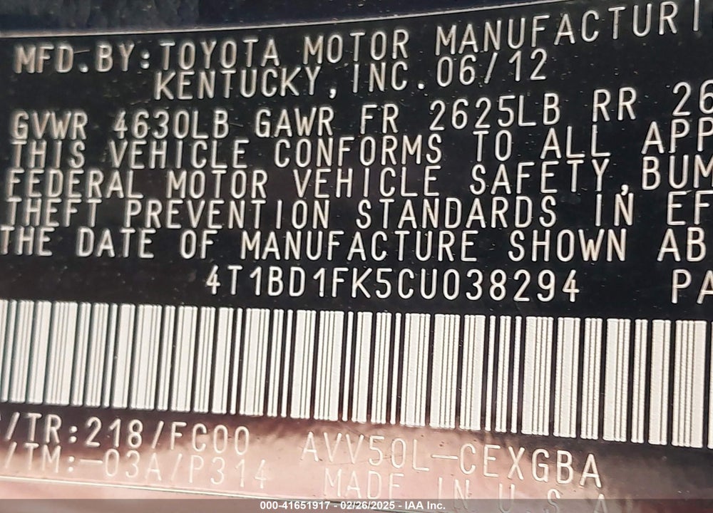 2012 TOYOTA CAMRY HYBRID XLE VIN: 4T1BD1FK5CU038294