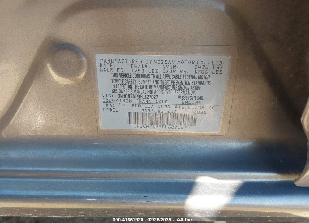 2015 NISSAN VERSA 1.6 SV VIN: 3N1CN7AP9FL827027