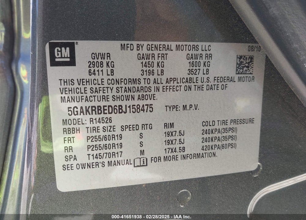 2011 BUICK ENCLAVE VIN: 5GAKRBED6BJ158475