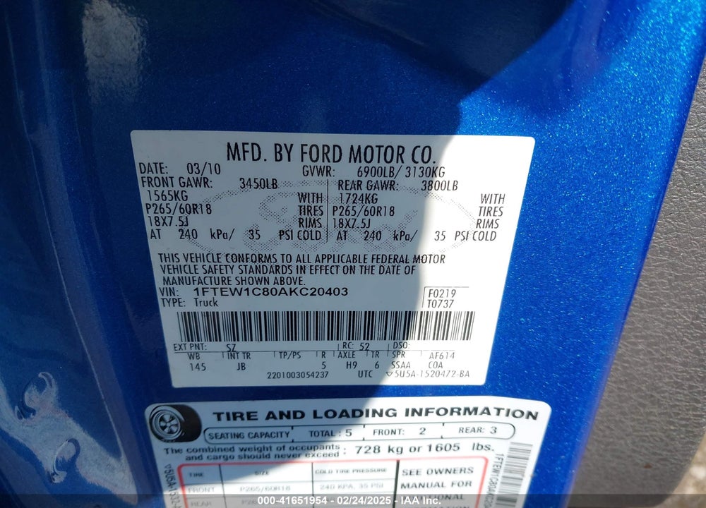 2010 FORD F-150 FX2 SPORT/XL/XLT VIN: 1FTEW1C80AKC20403