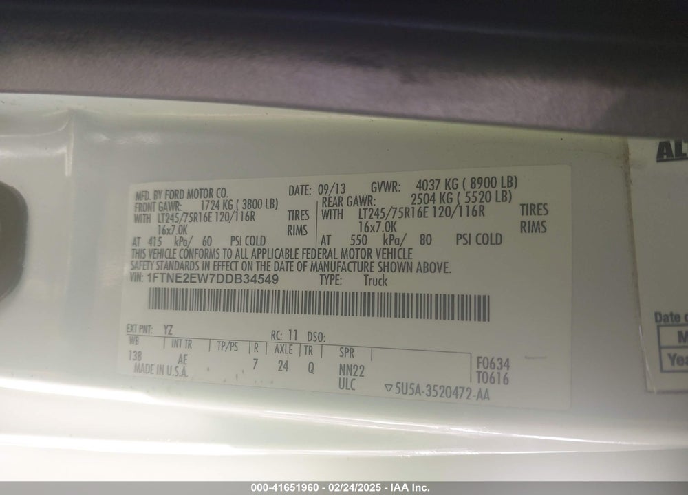 2013 FORD E-250 COMMERCIAL VIN: 1FTNE2EW7DDB34549