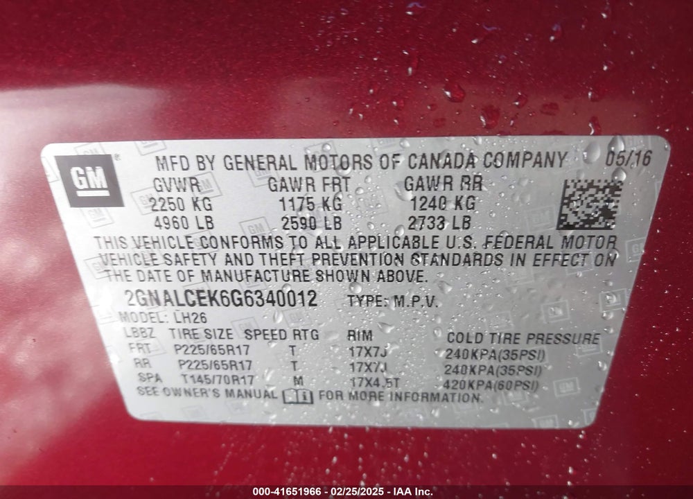 2016 CHEVROLET EQUINOX LT VIN: 2GNALCEK6G6340012