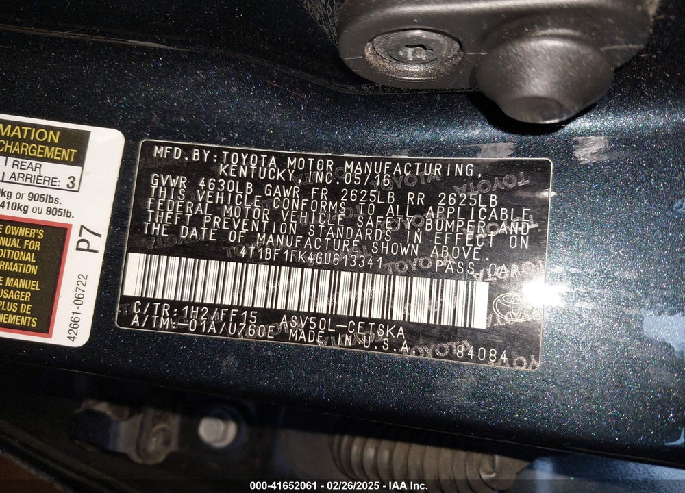 2016 TOYOTA CAMRY VIN: 4T1BF1FK4GU613341