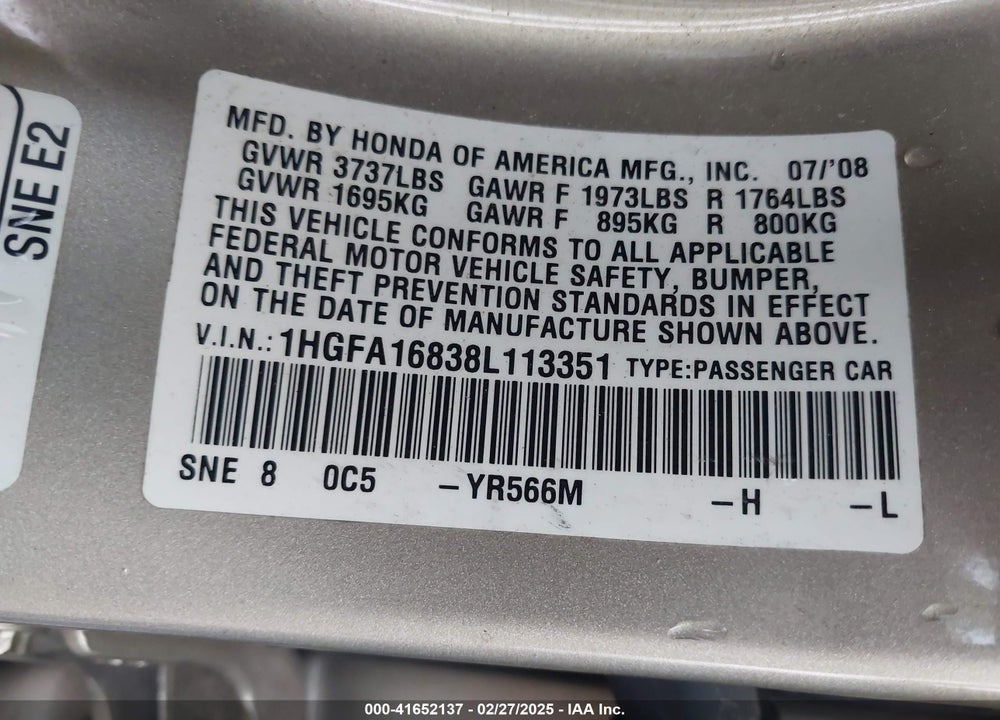 2008 HONDA CIVIC VIN: 1HGFA16838L113351