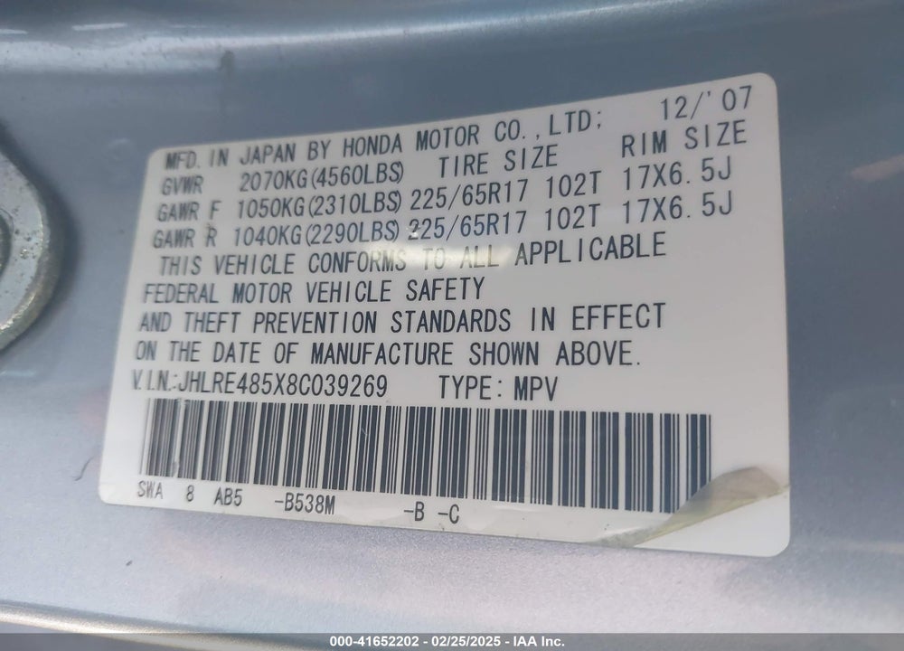 2008 HONDA CR-V VIN: JHLRE485X8C039269