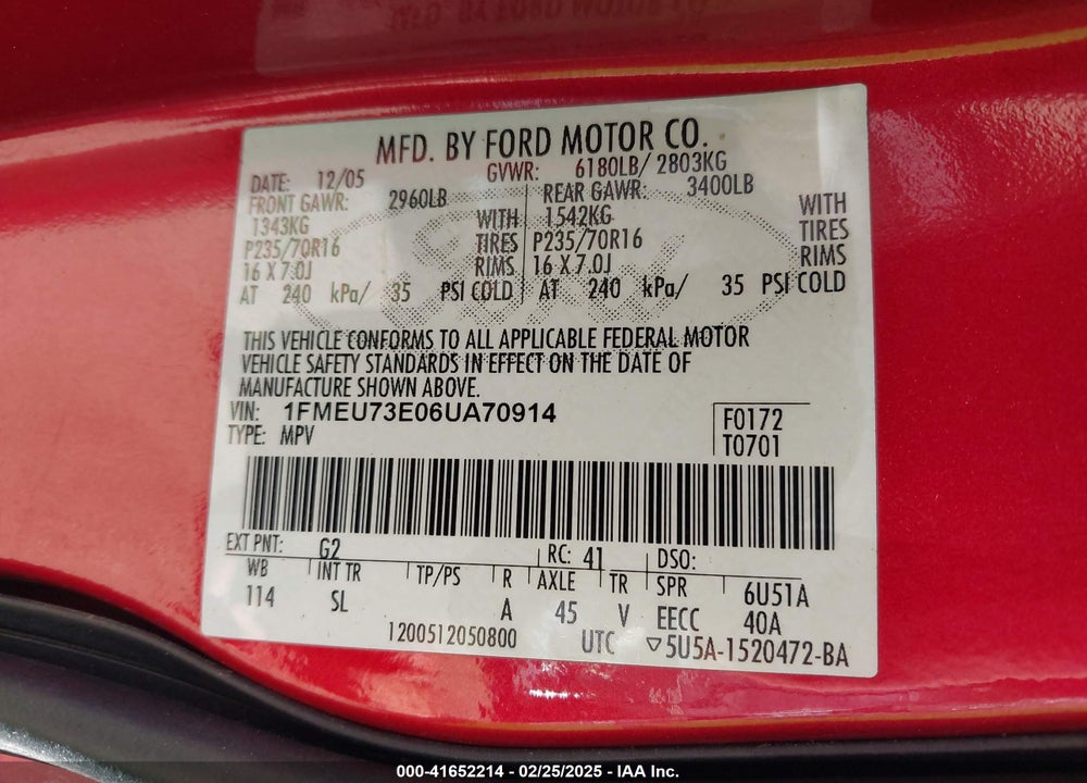 2006 FORD EXPLORER VIN: 1FMEU73E06UA70914