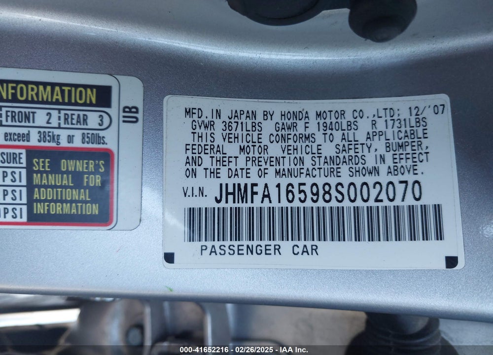 2008 HONDA CIVIC VIN: JHMFA16598S002070
