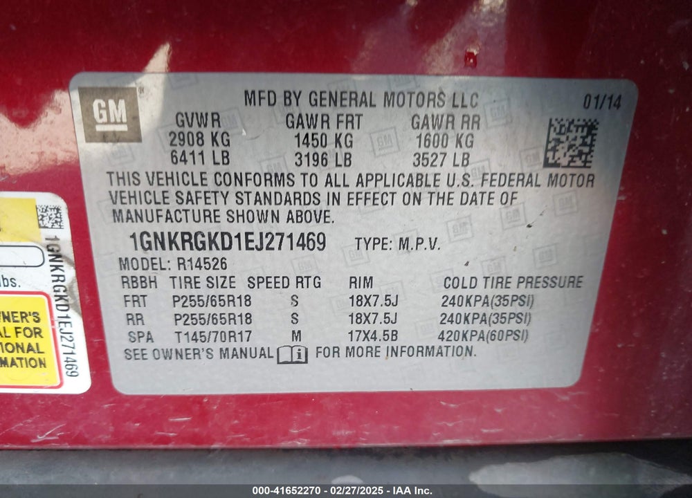 2014 CHEVROLET TRAVERSE VIN: 1GNKRGKD1EJ271469