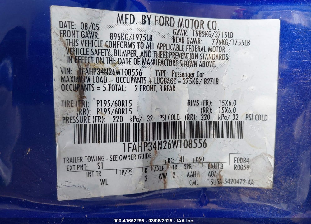 2006 FORD FOCUS ZX4 VIN: 1FAHP34N26W108556