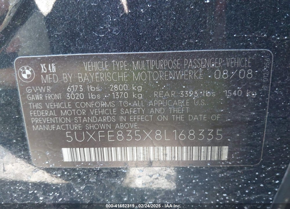 2008 BMW X5 4.8I VIN: 5UXFE835X8L168335