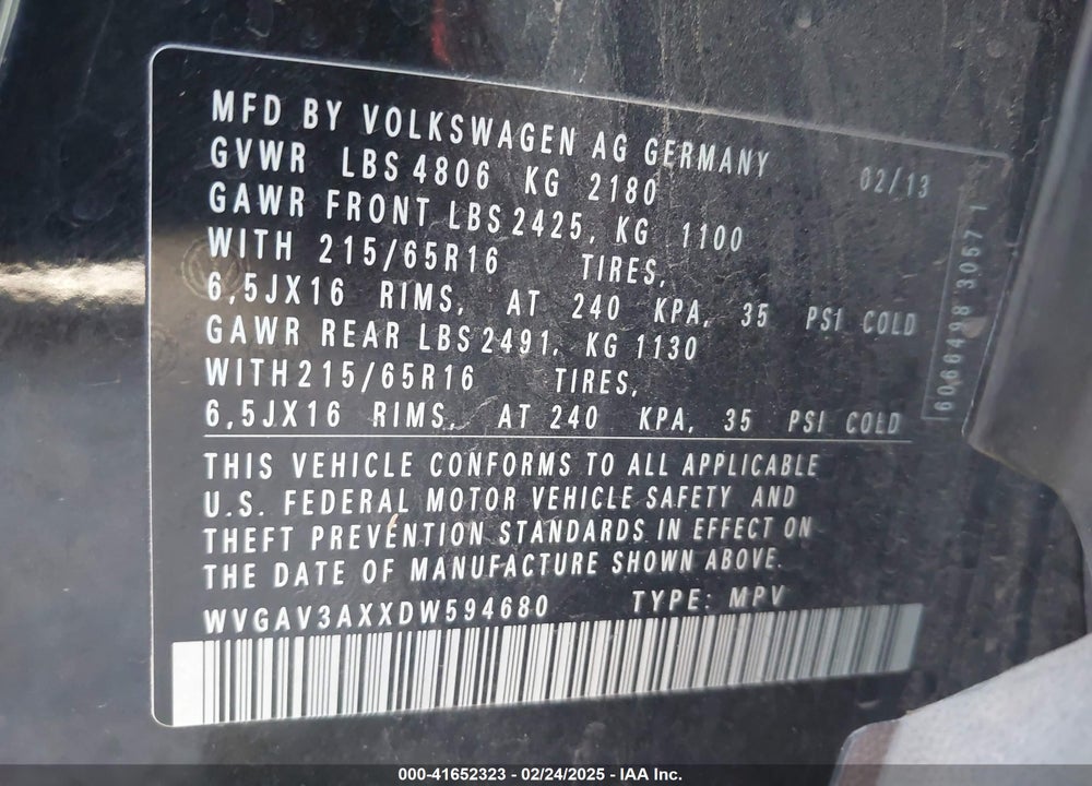 2013 VOLKSWAGEN TIGUAN VIN: WVGAV3AXXDW594680