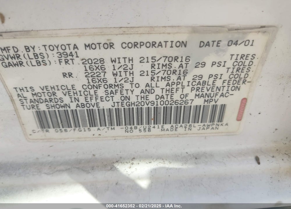 2001 TOYOTA RAV4 VIN: JTEGH20V910026267