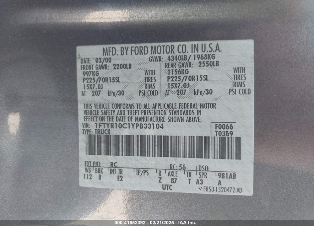 2000 FORD RANGER XL/XLT VIN: 1FTYR10C1YPB33104